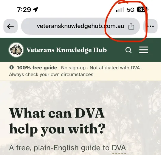 iPhone browser with the Share icon circled in the address bar