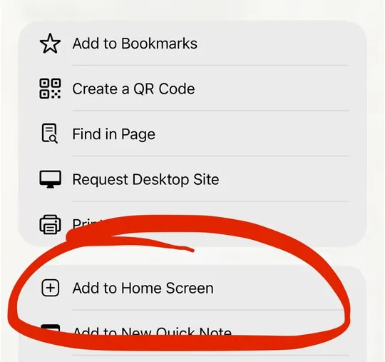 iPhone share menu with Add to Home Screen circled
