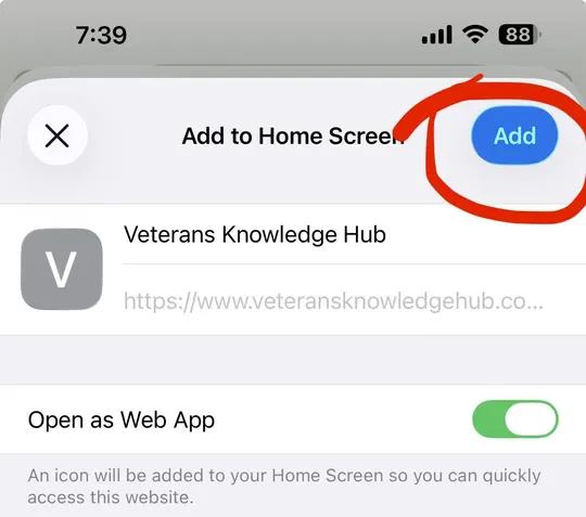 Add to Home Screen screen with the Add button circled